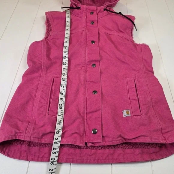 Carhartt Women's XS Sandstone Berkley Tulip Pink Sherpa Lined Hooded Canvas Vest - Picture 10 of 12
